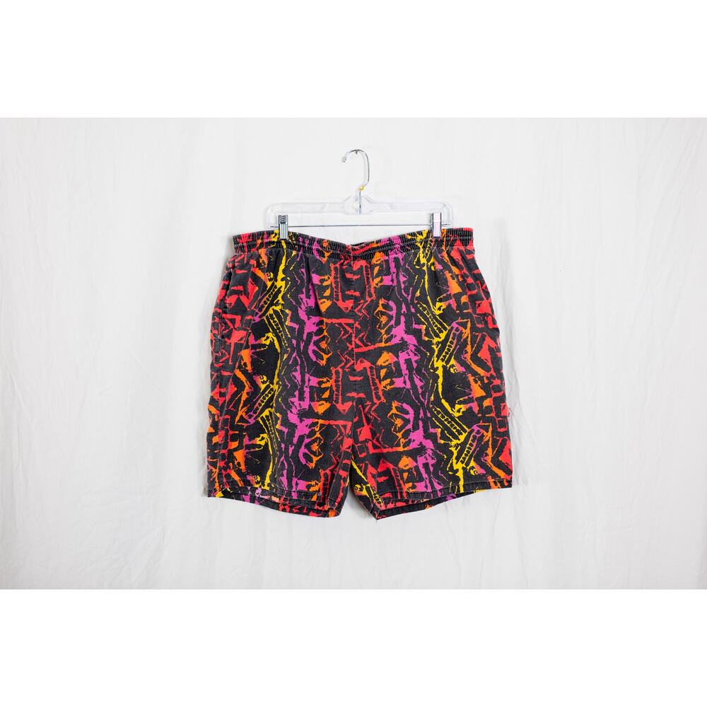 Vintage 90s Sunforce Neon Abstract Big Man Shorts 1X Cotton Beach Retro Trunks